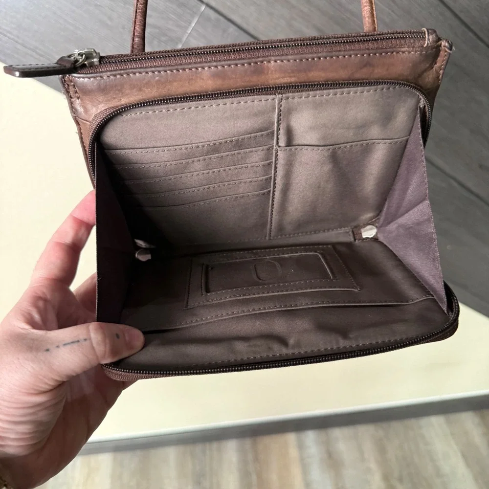Fossil Brown Leather Organizer Crossbody Bag Wallet Purse Multi Pocket